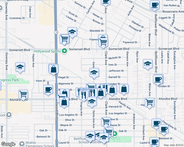 map of restaurants, bars, coffee shops, grocery stores, and more near 15511 Santa Ana Avenue in Bellflower