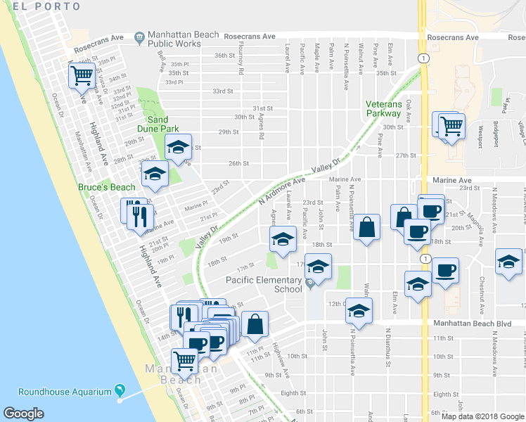 map of restaurants, bars, coffee shops, grocery stores, and more near 2104 Flournoy Road in Manhattan Beach