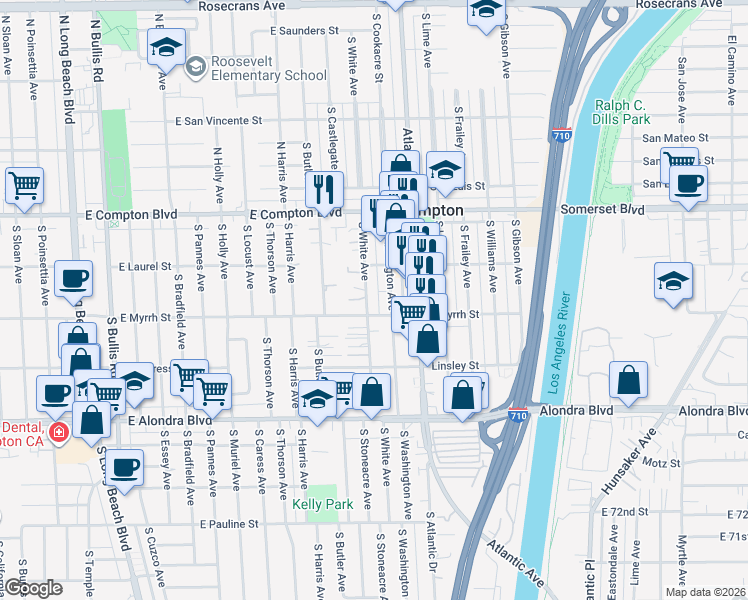 map of restaurants, bars, coffee shops, grocery stores, and more near 15427 South White Avenue in Compton