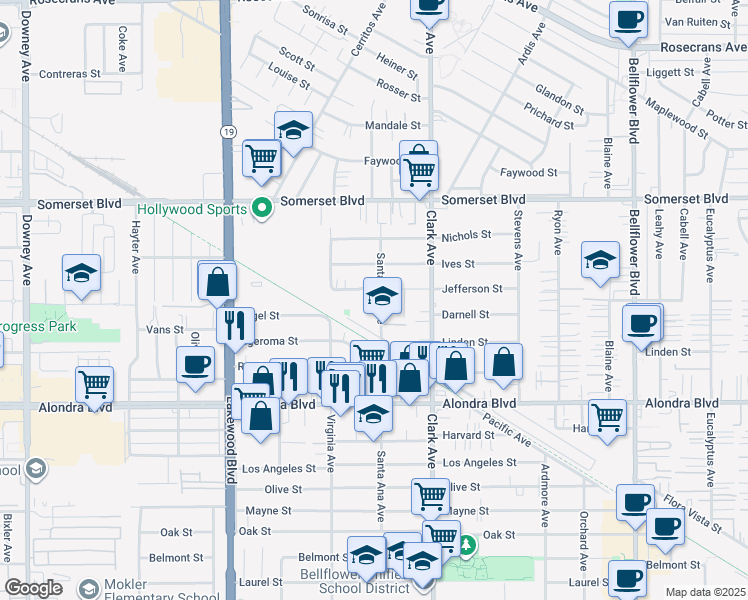 map of restaurants, bars, coffee shops, grocery stores, and more near 15511 Santa Ana Avenue in Bellflower