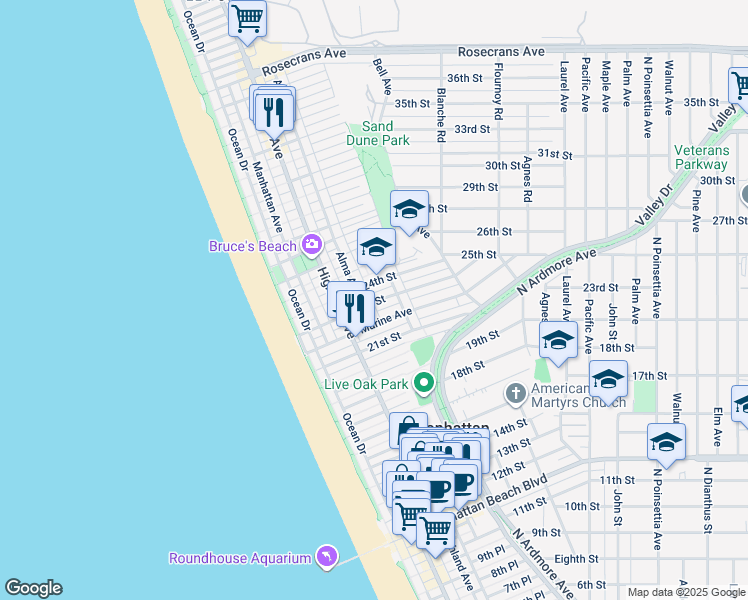 map of restaurants, bars, coffee shops, grocery stores, and more near 417 23rd Street in Manhattan Beach