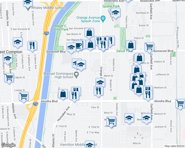 map of restaurants, bars, coffee shops, grocery stores, and more near 15530 Delcombre Avenue in Paramount