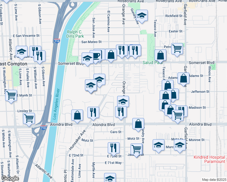 map of restaurants, bars, coffee shops, grocery stores, and more near 15361 Hunsaker Avenue in Paramount