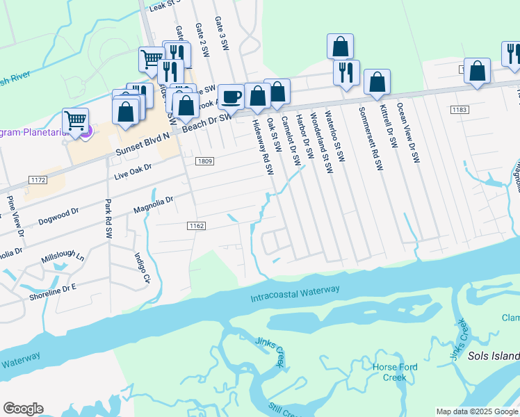 map of restaurants, bars, coffee shops, grocery stores, and more near 7244 Lula Street Southwest in Ocean Isle Beach