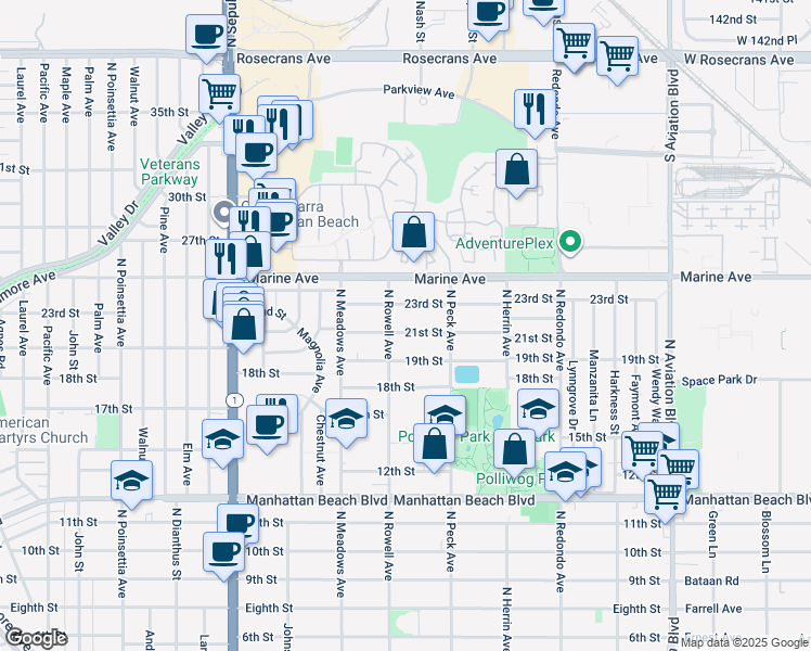map of restaurants, bars, coffee shops, grocery stores, and more near 1417 21st Street in Manhattan Beach