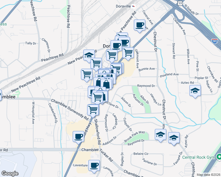 map of restaurants, bars, coffee shops, grocery stores, and more near 5145 Buford Highway Northeast in Doraville