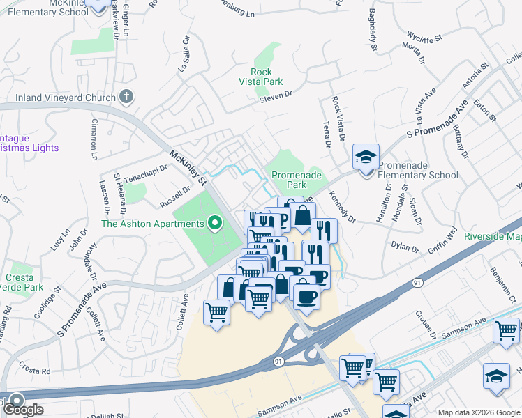 map of restaurants, bars, coffee shops, grocery stores, and more near 2250 Tradewind Place in Corona