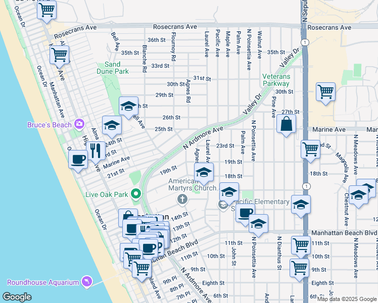 map of restaurants, bars, coffee shops, grocery stores, and more near 2104 Flournoy Road in Manhattan Beach