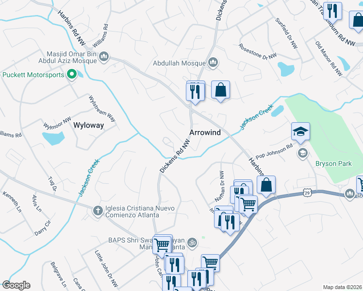 map of restaurants, bars, coffee shops, grocery stores, and more near 5450 Arrowind Road Northwest in Lilburn