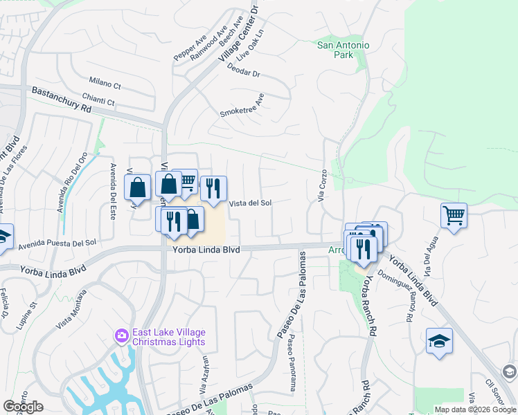 map of restaurants, bars, coffee shops, grocery stores, and more near 20660 Vista del Sol in Yorba Linda