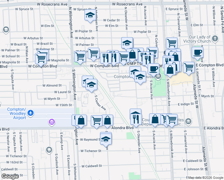 map of restaurants, bars, coffee shops, grocery stores, and more near 429 South Oleander Avenue in Compton