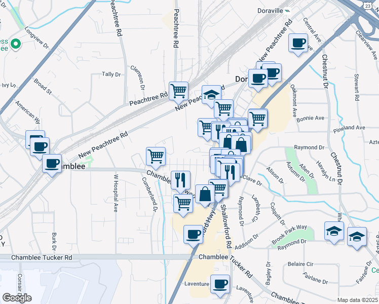 map of restaurants, bars, coffee shops, grocery stores, and more near 3554 Shallowford Road in Atlanta