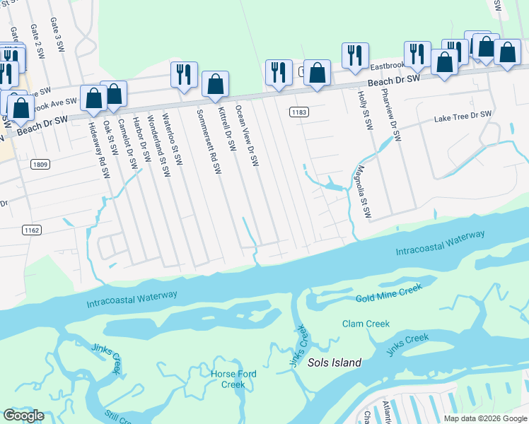 map of restaurants, bars, coffee shops, grocery stores, and more near 1974 Kittrell Dr SW in Ocean Isle Beach