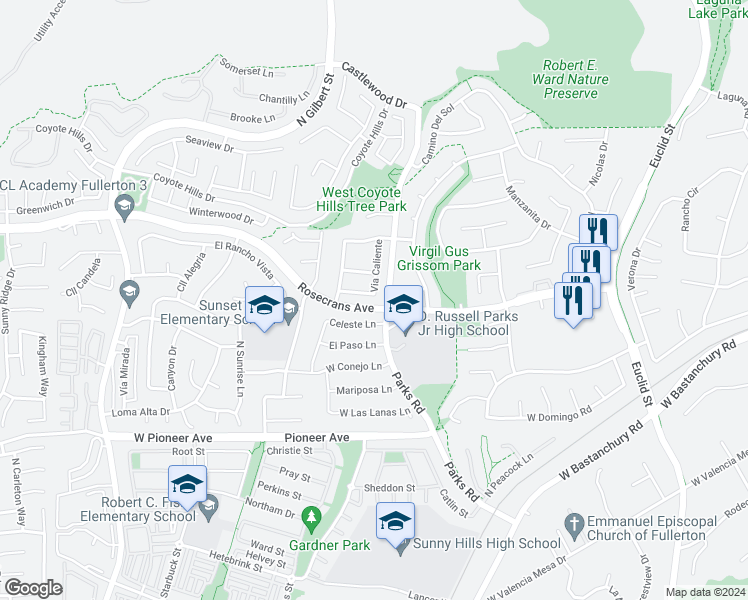 map of restaurants, bars, coffee shops, grocery stores, and more near 1800 Yermo Place in Fullerton