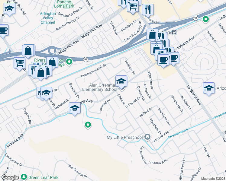 map of restaurants, bars, coffee shops, grocery stores, and more near 11505 Inwood Drive in Riverside