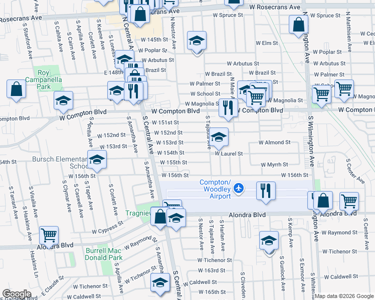 map of restaurants, bars, coffee shops, grocery stores, and more near 1485 West 154th Street in Compton