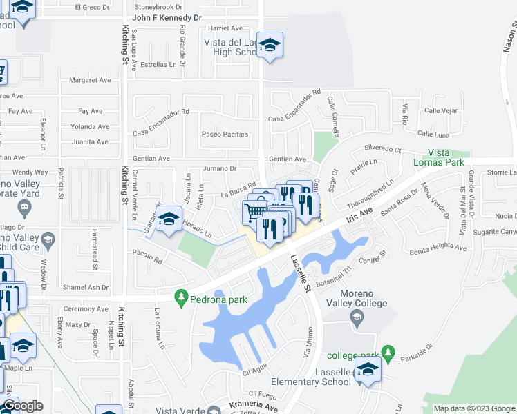 map of restaurants, bars, coffee shops, grocery stores, and more near 15637 Lasselle Street in Moreno Valley