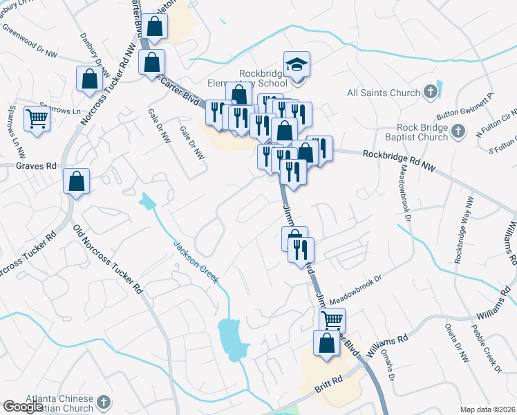 map of restaurants, bars, coffee shops, grocery stores, and more near 6302 Story Circle in Norcross