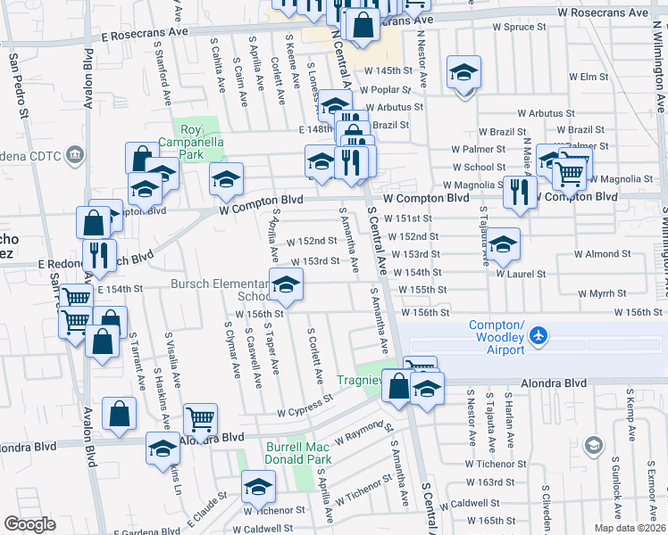 map of restaurants, bars, coffee shops, grocery stores, and more near 2202 West 153rd Street in Compton