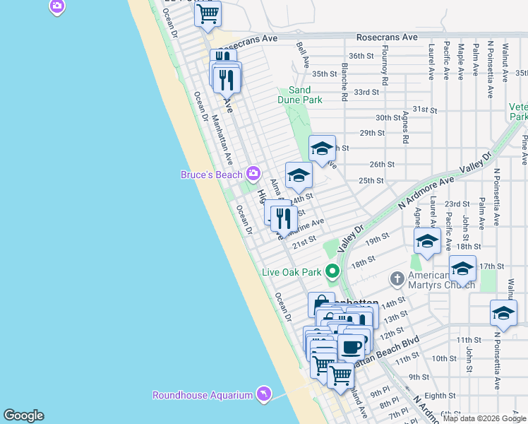map of restaurants, bars, coffee shops, grocery stores, and more near 226 24th Place in Manhattan Beach
