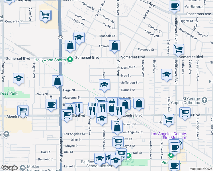 map of restaurants, bars, coffee shops, grocery stores, and more near 15510 Santa Ana Avenue in Bellflower