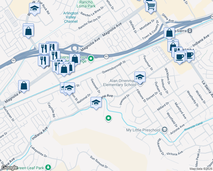 map of restaurants, bars, coffee shops, grocery stores, and more near 3465 Commonwealth Place in Riverside