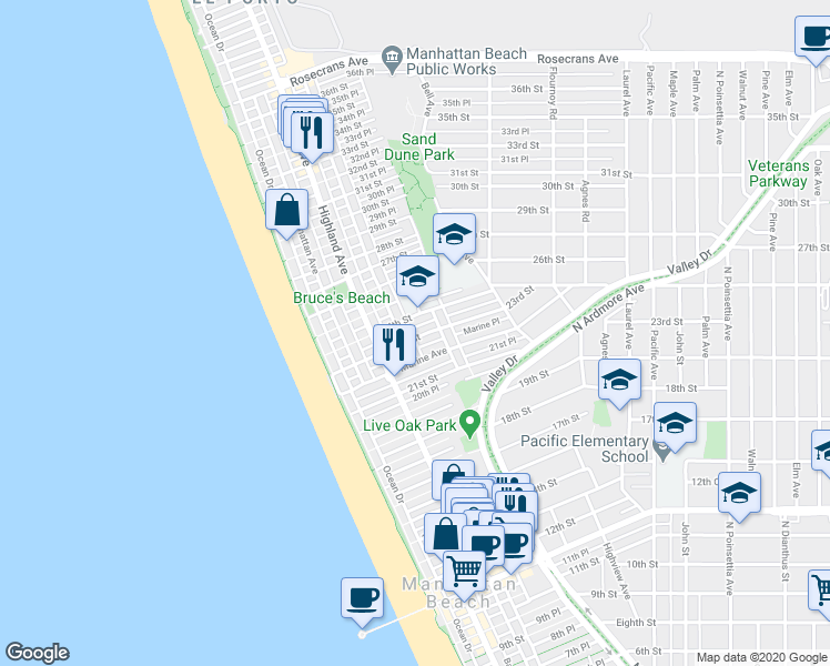 map of restaurants, bars, coffee shops, grocery stores, and more near 416 23rd Place in Manhattan Beach