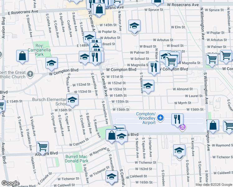 map of restaurants, bars, coffee shops, grocery stores, and more near 1704 West 154th Street in Compton