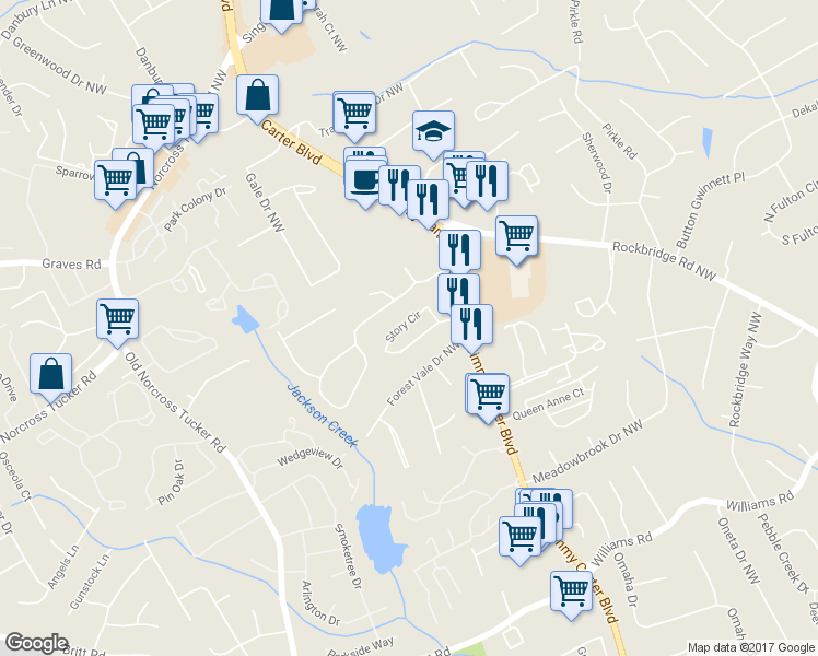 map of restaurants, bars, coffee shops, grocery stores, and more near 6625 Story Circle in Norcross