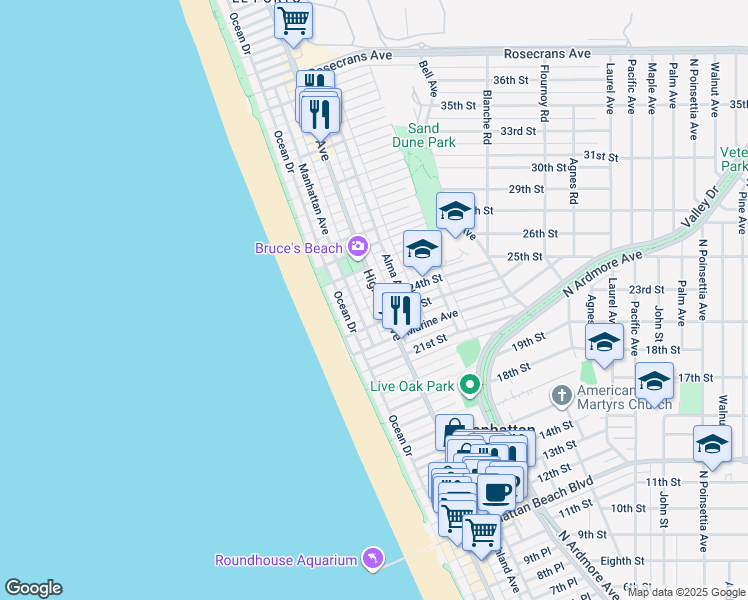 map of restaurants, bars, coffee shops, grocery stores, and more near 229 24th Street in Manhattan Beach