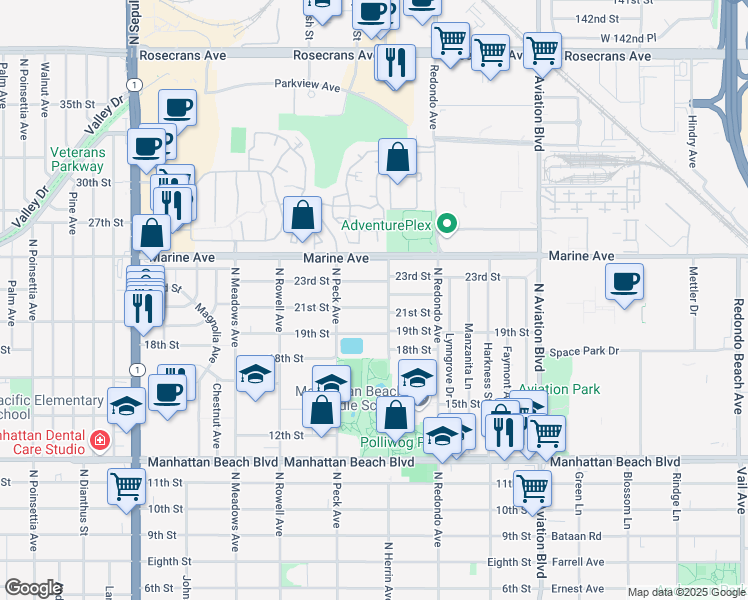 map of restaurants, bars, coffee shops, grocery stores, and more near 1547 21st Street in Manhattan Beach
