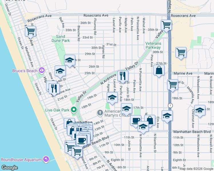map of restaurants, bars, coffee shops, grocery stores, and more near 1907 Agnes Road in Manhattan Beach