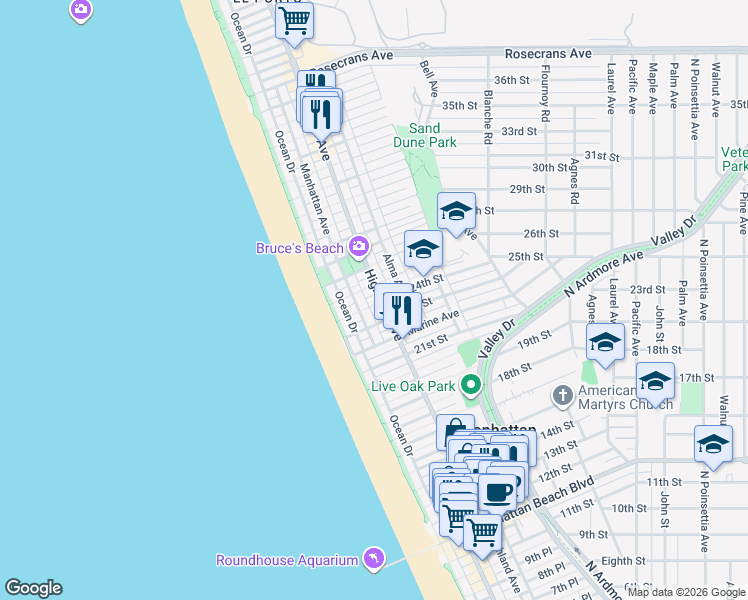 map of restaurants, bars, coffee shops, grocery stores, and more near 225 24th Street in Manhattan Beach
