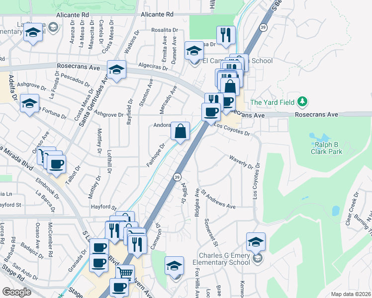 map of restaurants, bars, coffee shops, grocery stores, and more near 4635 Beach Boulevard in Buena Park