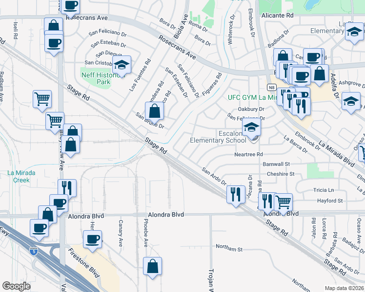 map of restaurants, bars, coffee shops, grocery stores, and more near 15256 Crosswood Road in La Mirada