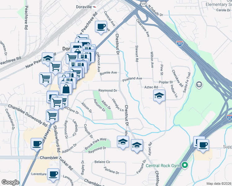 map of restaurants, bars, coffee shops, grocery stores, and more near 3631 Raymond Drive in Doraville