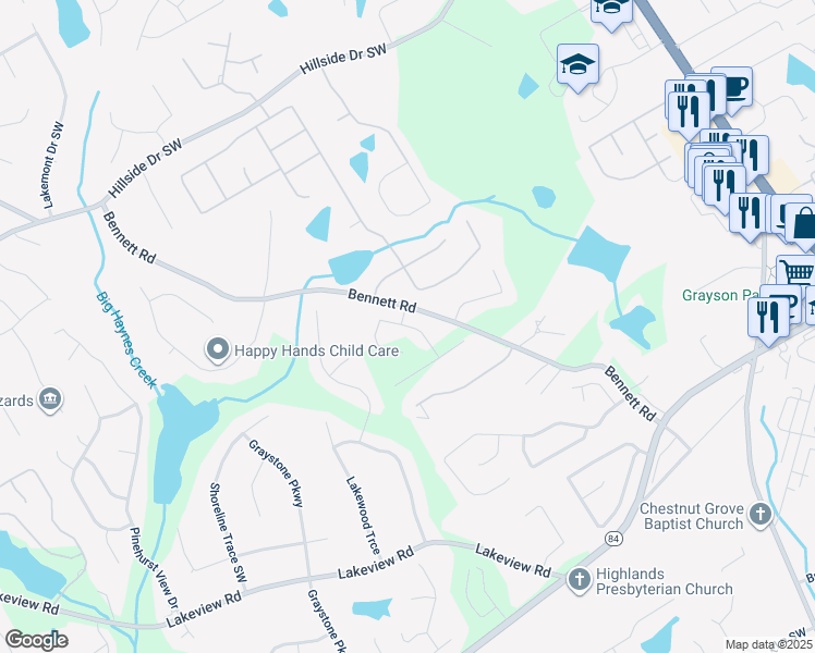 map of restaurants, bars, coffee shops, grocery stores, and more near 740 Pineberry Court in Grayson