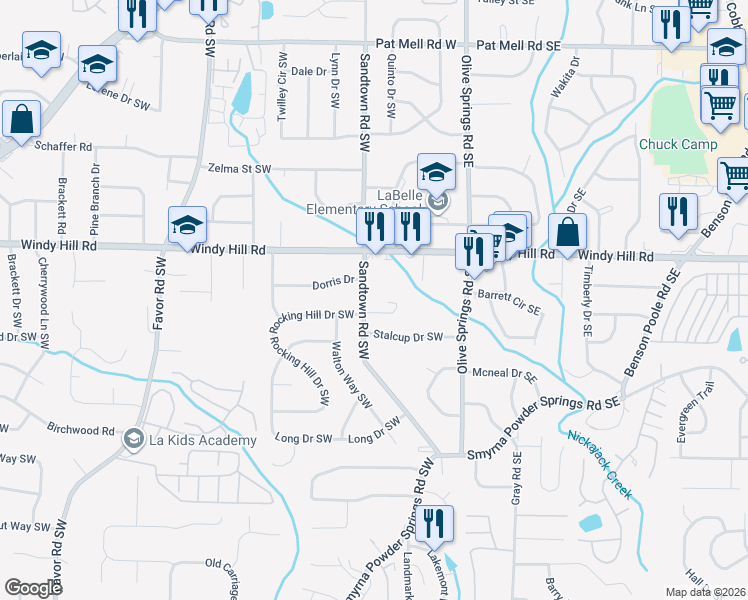 map of restaurants, bars, coffee shops, grocery stores, and more near 163 Rocking Hill Drive Southwest in Marietta