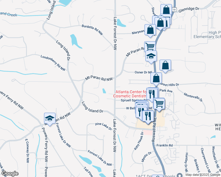 map of restaurants, bars, coffee shops, grocery stores, and more near 5060 Lake Forrest Drive Northwest in Sandy Springs