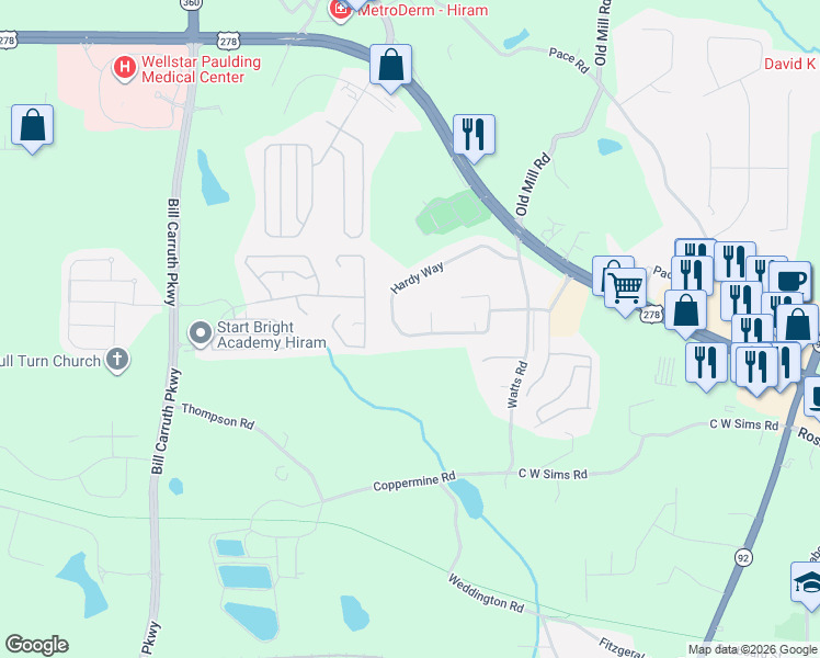 map of restaurants, bars, coffee shops, grocery stores, and more near 436 Hardy Way in Hiram