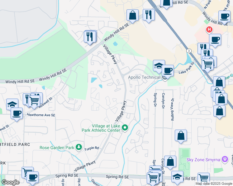 map of restaurants, bars, coffee shops, grocery stores, and more near 46 Springhedge Court Street in Smyrna