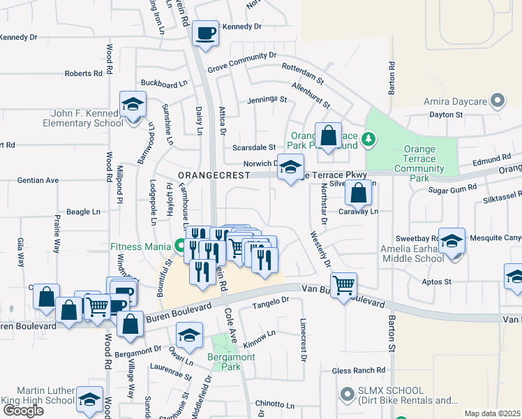 map of restaurants, bars, coffee shops, grocery stores, and more near 19455 Mount Wasatch Drive in Riverside