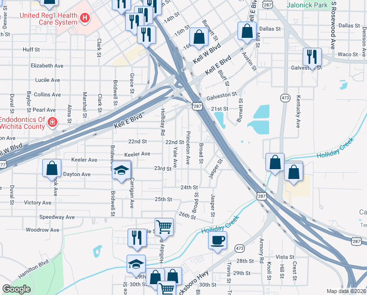 map of restaurants, bars, coffee shops, grocery stores, and more near 2213 Yale Avenue in Wichita Falls