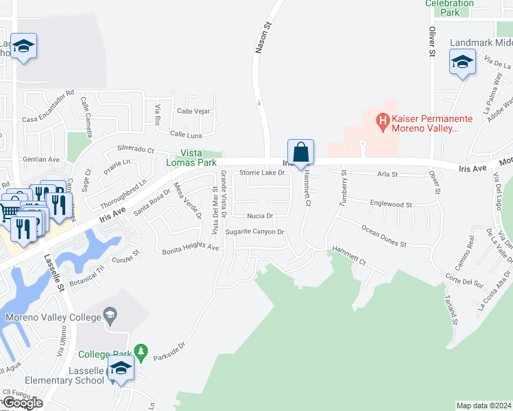map of restaurants, bars, coffee shops, grocery stores, and more near 26911 Snow Canyon Circle in Moreno Valley