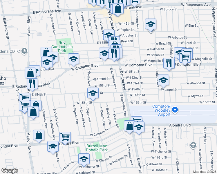 map of restaurants, bars, coffee shops, grocery stores, and more near 2202 West 153rd Street in Compton