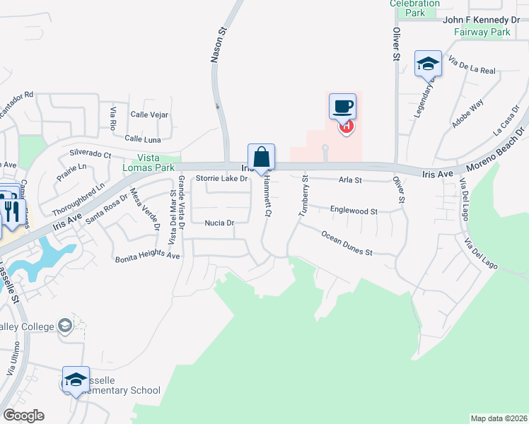 map of restaurants, bars, coffee shops, grocery stores, and more near 15718 Hammett Court in Moreno Valley
