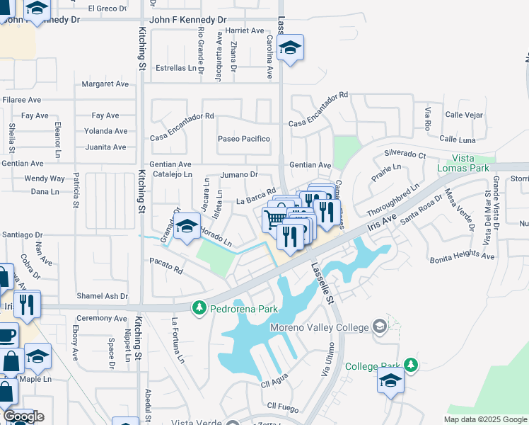 map of restaurants, bars, coffee shops, grocery stores, and more near 15657 Lasselle Street in Moreno Valley