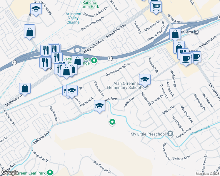 map of restaurants, bars, coffee shops, grocery stores, and more near 3465 Commonwealth Place in Riverside