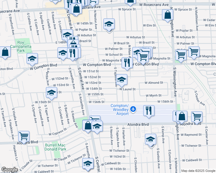 map of restaurants, bars, coffee shops, grocery stores, and more near 1483 West 155th Street in Compton