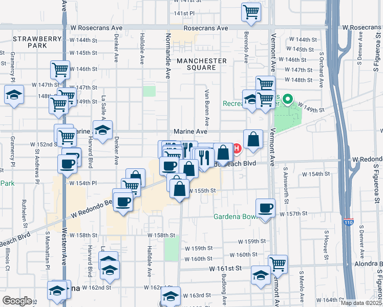 map of restaurants, bars, coffee shops, grocery stores, and more near 15303 South Raymond Avenue in Gardena